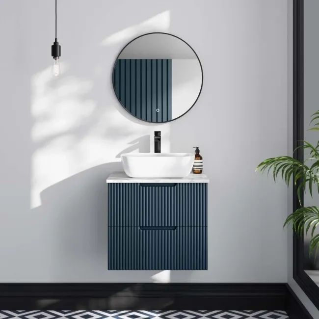 Crete Fluted Navy Blue Wall Hung Drawer Vanity with Marble Top & Curved Basin 600mm