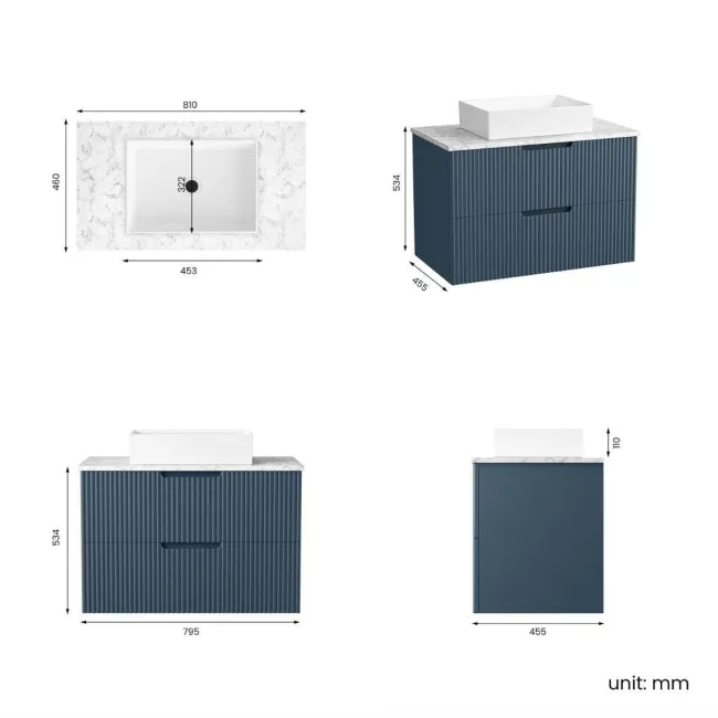 Crete Fluted Navy Blue Wall Hung Drawer Vanity with Marble Top & Cody Basin 800mm