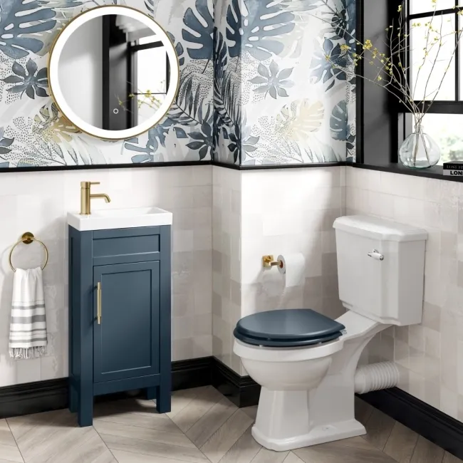 Bermuda Inky Blue Cloakroom Basin Vanity 400mm - Brass Knurled Handles