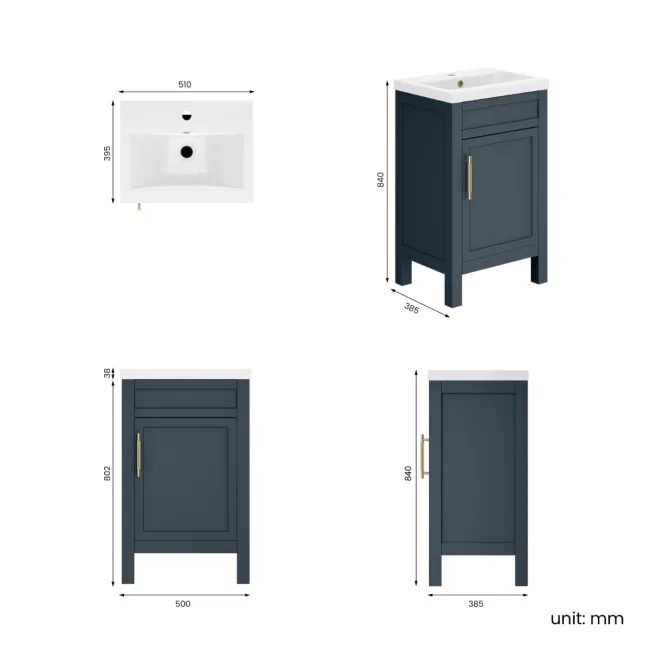 Bermuda Inky Blue Basin Vanity 500mm - Brass Knurled Handles
