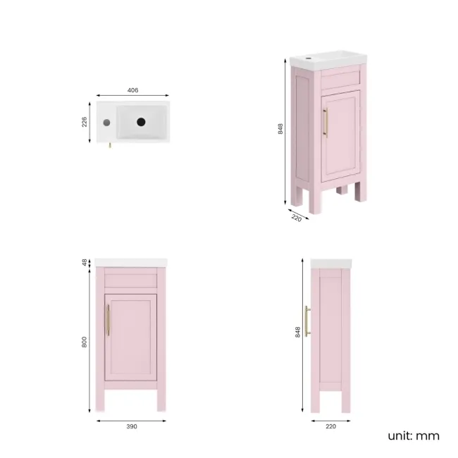 Bermuda Cashmere Pink Cloakroom Basin Vanity 400mm - Brass Knurled Handles