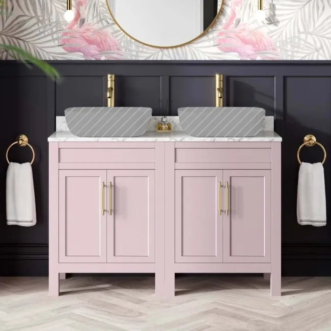 Bermuda Cashmere Pink Cabinet with Marble Top 1200mm (Excludes Basin) - Brass Knurled Handles