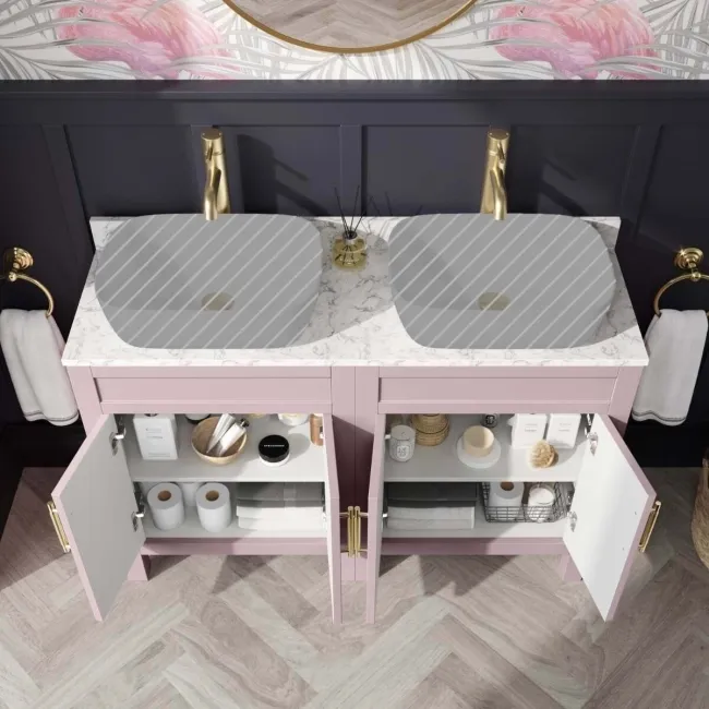 Bermuda Cashmere Pink Cabinet with Marble Top 1200mm (Excludes Basin) - Brass Knurled Handles