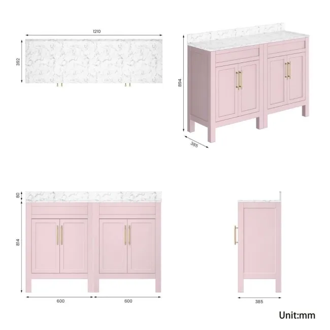 Bermuda Cashmere Pink Cabinet with Marble Top 1200mm (Excludes Basin) - Brass Knurled Handles