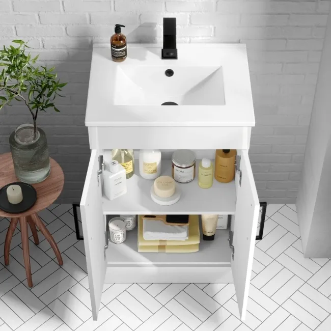 Mersey Gloss White Basin Vanity and Back To Wall Unit 1000mm (Excludes Toilet) - Black Accents