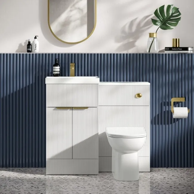 Havana Fluted Coastal White Combination Vanity Basin and Aruba Toilet 1000mm - Brushed Brass Accents