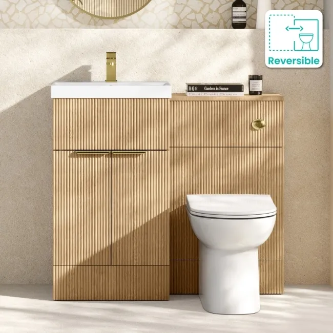 Havana Fluted Country Oak Combination Vanity Basin and Aruba Toilet 1000mm - Brushed Brass Accents