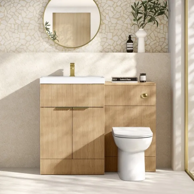 Havana Fluted Country Oak Combination Vanity Basin and Aruba Toilet 1100mm - Brushed Brass Accents