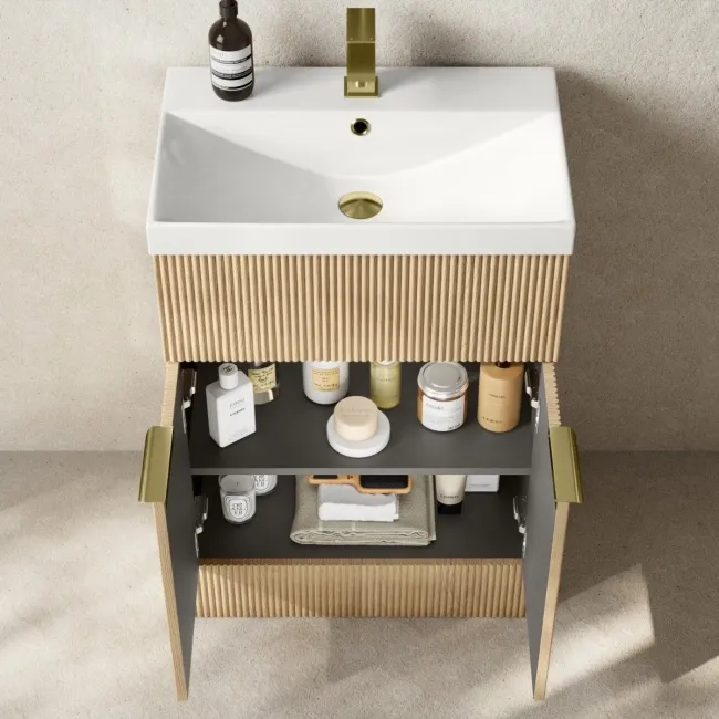 Havana Fluted Country Oak Combination Vanity Basin and Aruba Toilet 1100mm - Brushed Brass Accents