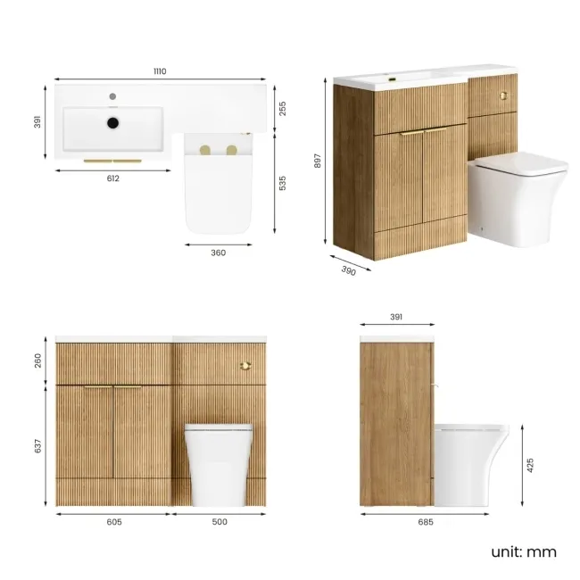 Havana Fluted Country Oak Combination Vanity Basin and Houston Toilet 1100mm - Brushed Brass Accents - Left Handed
