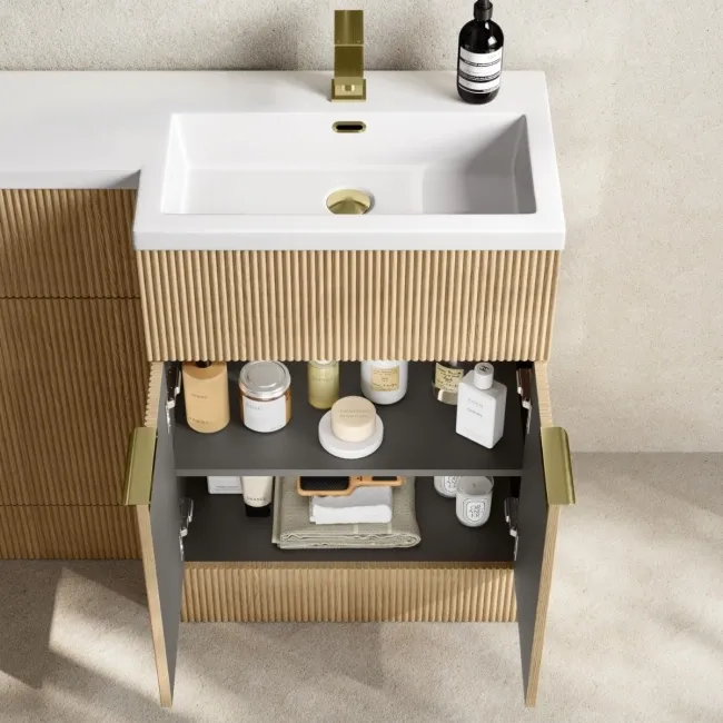 Havana Fluted Country Oak Combination Vanity Basin and Utah Comfort Height Toilet 1100mm - Brushed Brass Accents - Right Handed