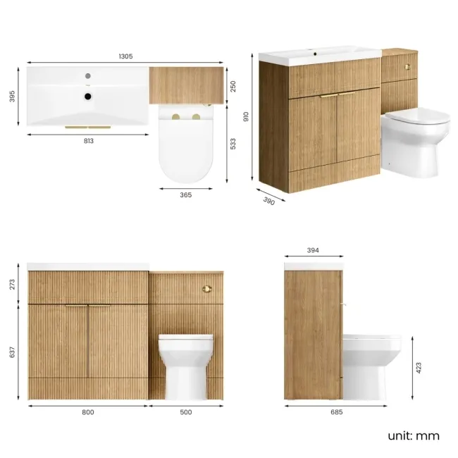 Havana Fluted Country Oak Combination Vanity Basin and Miami Toilet 1300mm - Brushed Brass Accents