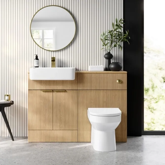 Sicily Fluted Country Oak Combination Vanity Basin and Miami Toilet 1200mm - Brushed Brass Accents