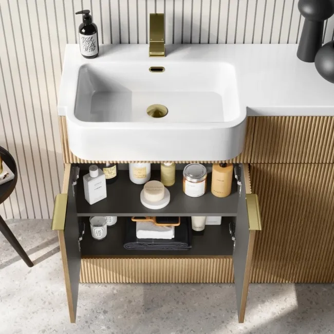 Sicily Fluted Country Oak Combination Vanity Basin and Tucson Toilet 1200mm - Brushed Brass Accents - Left Handed