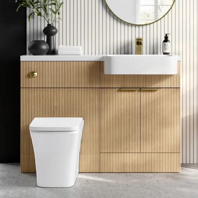 Sicily Fluted Country Oak Combination Vanity Basin and Houston Toilet 1200mm - Brushed Brass Accents - Right Handed