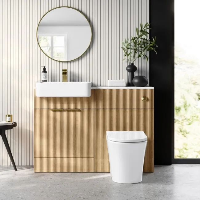 Sicily Fluted Country Oak Combination Vanity Basin with Marble Top & Tucson Toilet 1200mm - Brushed Brass Accents