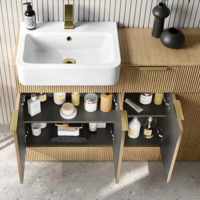 Sicily Fluted Country Oak Combination Vanity Basin and Aruba Toilet 1500mm - Brushed Brass Accents