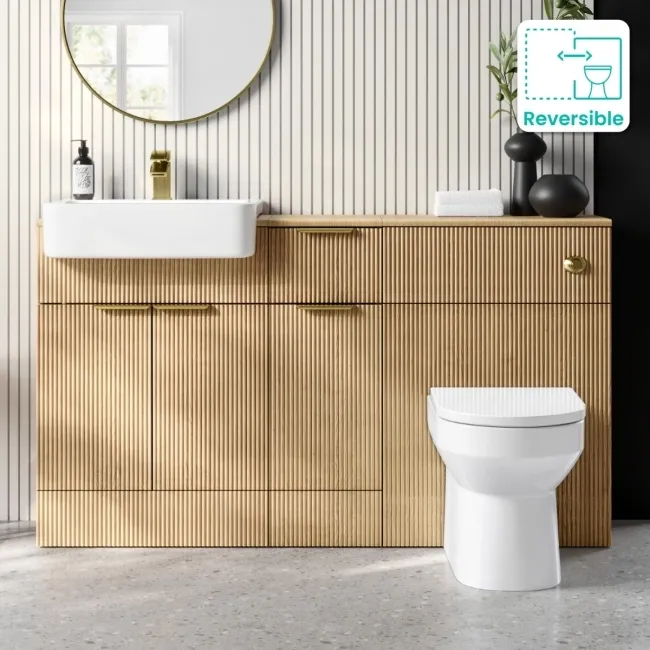 Sicily Fluted Country Oak Combination Vanity Basin and Miami Toilet 1500mm - Brushed Brass Accents