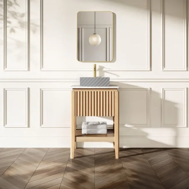 Maru Oak Wood Grain Vanity Cabinet 600mm with Carrara Marble Top - Basin Not Included