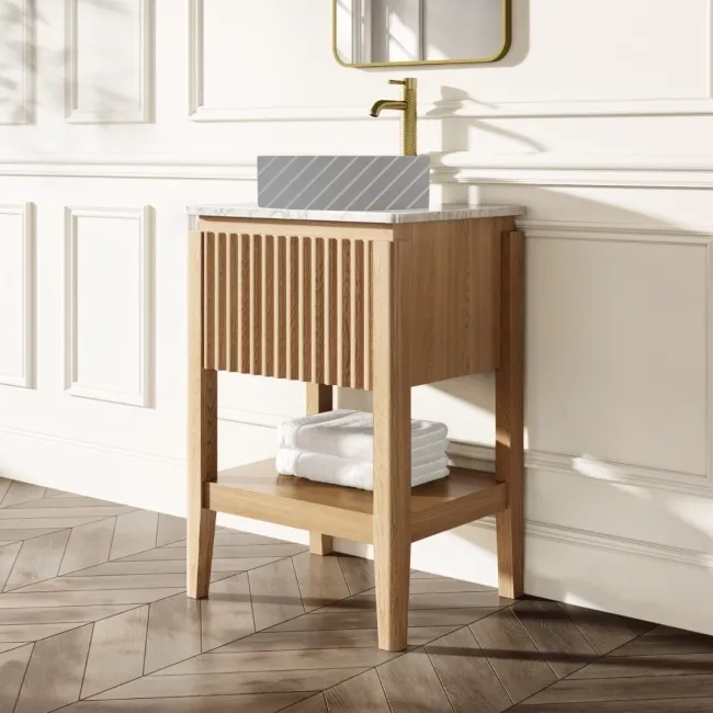 Maru Oak Wood Grain Vanity Cabinet 600mm with Carrara Marble Top - Basin Not Included