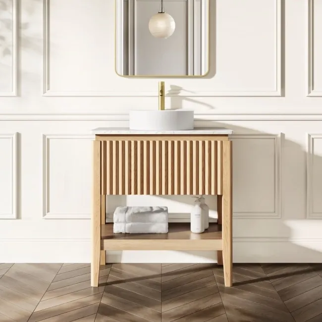 Maru Oak Wood Grain Vanity Cabinet 800mm with Carrara Marble Top - Basin Not Included