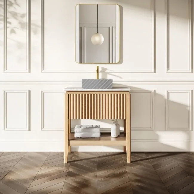 Maru Oak Wood Grain Vanity Cabinet 800mm with Carrara Marble Top - Basin Not Included