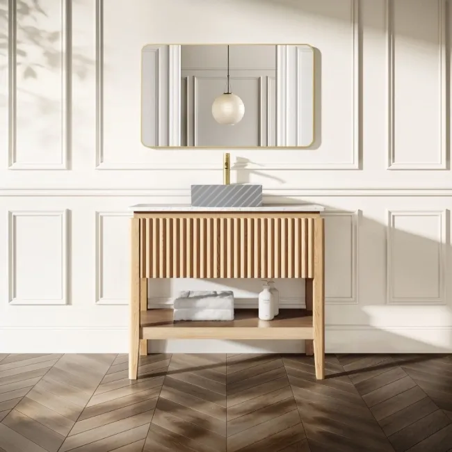 Maru Oak Wood Grain Vanity Cabinet 1000mm with Carrara Marble Top - Basin Not Included