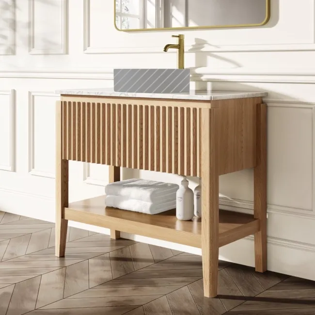 Maru Oak Wood Grain Vanity Cabinet 1000mm with Carrara Marble Top - Basin Not Included