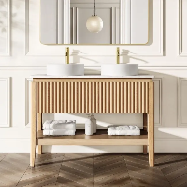 Maru Oak Wood Grain Vanity Cabinet 1200mm with Carrara Marble Top - Basin Not Included