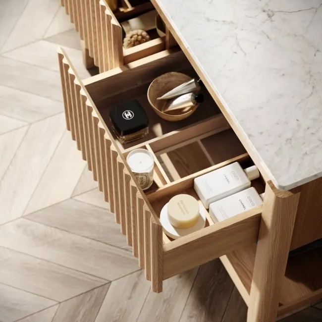 Maru Oak Wood Grain Vanity Cabinet 1200mm with Carrara Marble Top - Basin Not Included