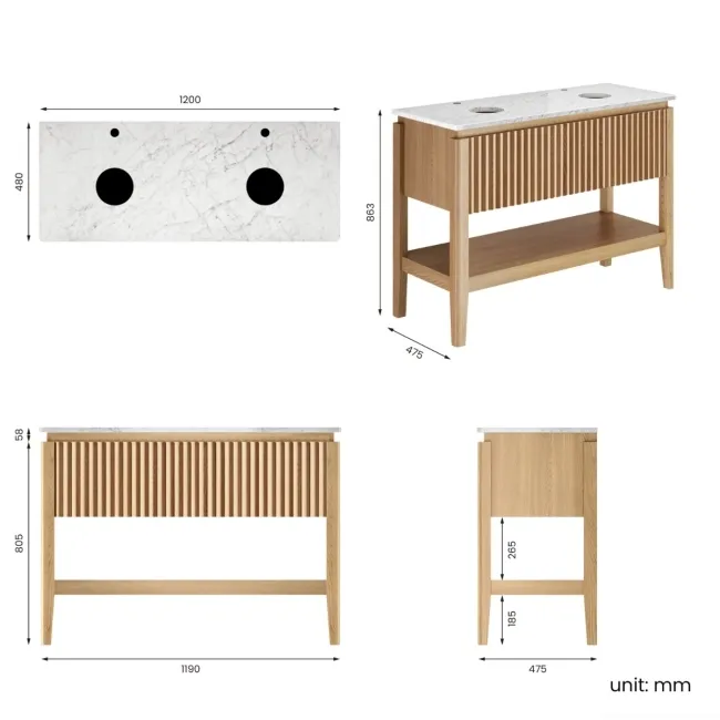 Maru Oak Wood Grain Vanity Cabinet 1200mm with Carrara Marble Top - Basin Not Included