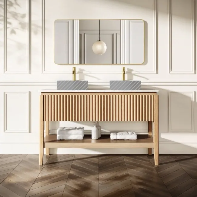 Maru Oak Wood Grain Vanity Cabinet 1400mm with Carrara Marble Top - Basin Not Included