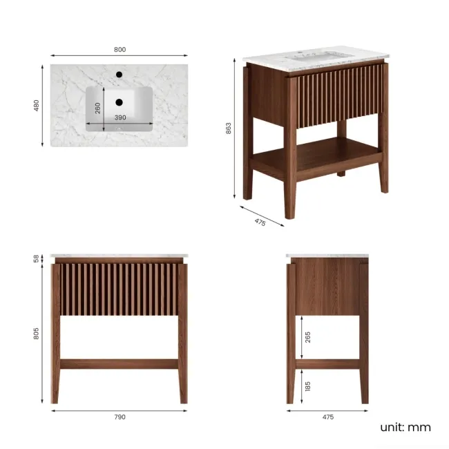 Maru Walnut Carrara Marble Vanity Unit & Undermount Basin 800mm