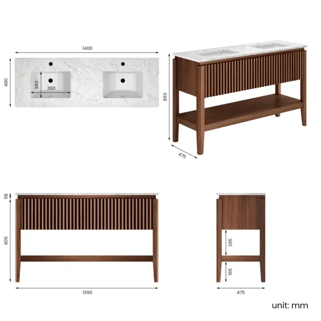 Maru Walnut Carrara Marble Vanity Unit & Undermount Basin 1400mm