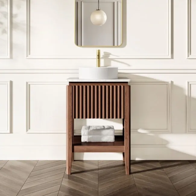 Maru Walnut Wood Grain Vanity Cabinet 600mm with Carrara Marble Top - Basin Not Included