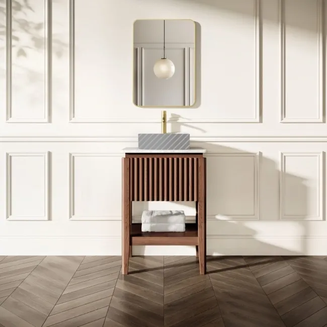 Maru Walnut Wood Grain Vanity Cabinet 600mm with Carrara Marble Top - Basin Not Included