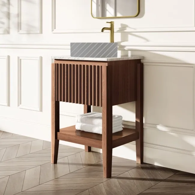 Maru Walnut Wood Grain Vanity Cabinet 600mm with Carrara Marble Top - Basin Not Included