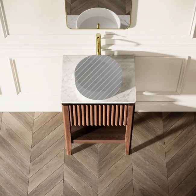 Maru Walnut Wood Grain Vanity Cabinet 600mm with Carrara Marble Top - Basin Not Included