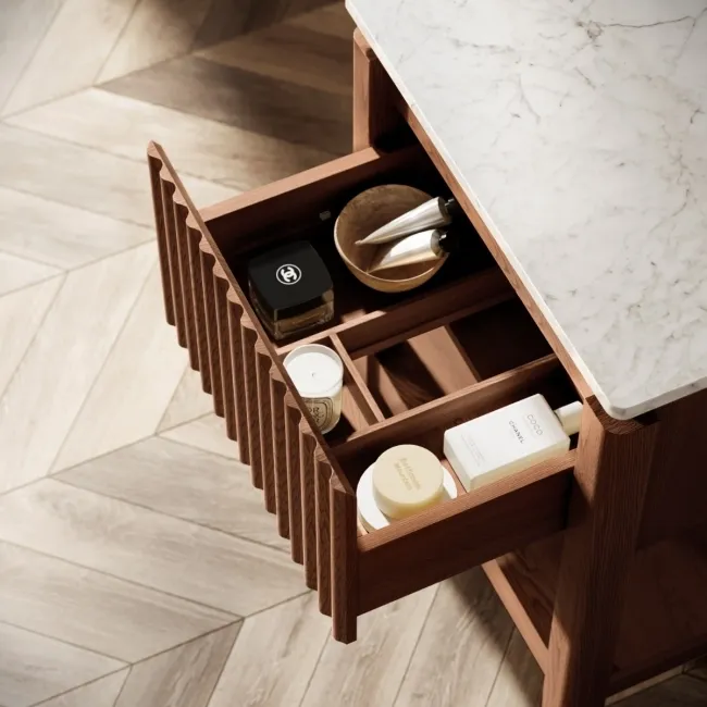 Maru Walnut Wood Grain Vanity Cabinet 600mm with Carrara Marble Top - Basin Not Included