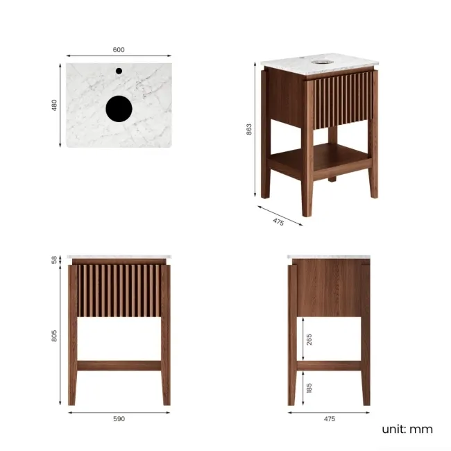 Maru Walnut Wood Grain Vanity Cabinet 600mm with Carrara Marble Top - Basin Not Included
