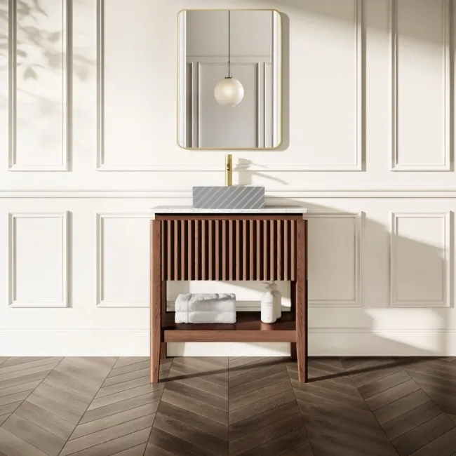 Maru Walnut Wood Grain Vanity Cabinet 800mm with Carrara Marble Top - Basin Not Included