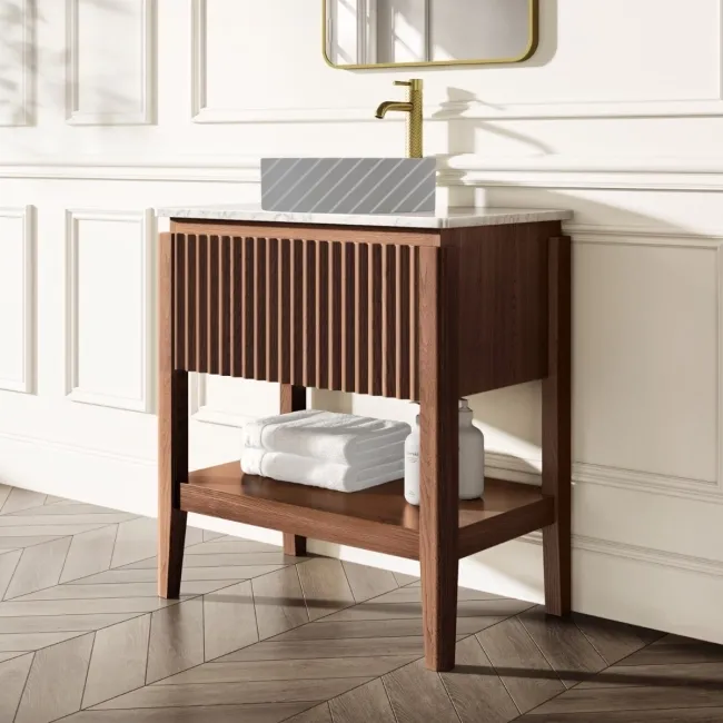 Maru Walnut Wood Grain Vanity Cabinet 800mm with Carrara Marble Top - Basin Not Included