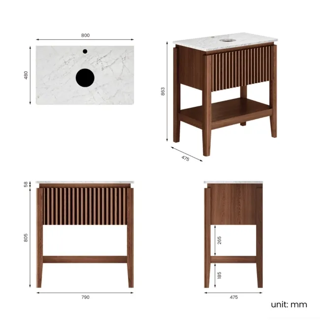Maru Walnut Wood Grain Vanity Cabinet 800mm with Carrara Marble Top - Basin Not Included