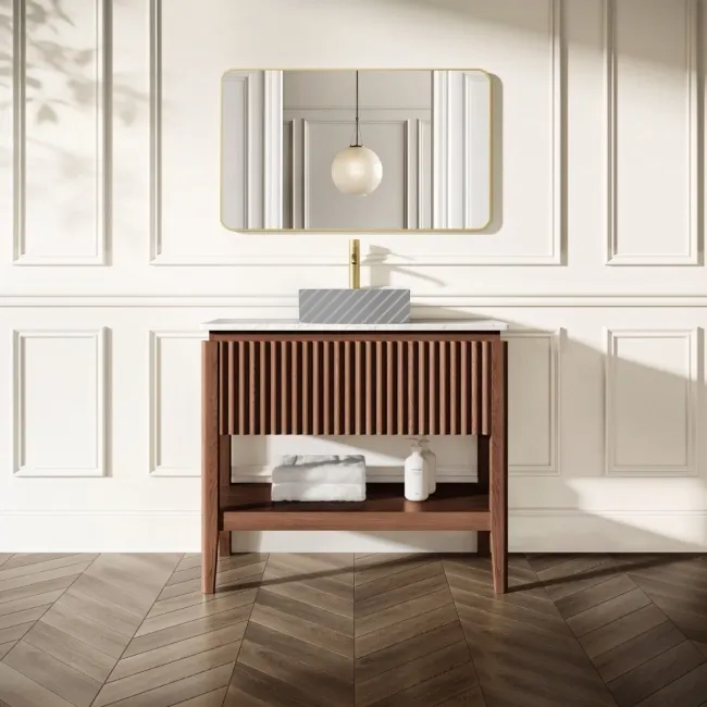 Maru Walnut Wood Grain Vanity Cabinet 1000mm with Carrara Marble Top - Basin Not Included
