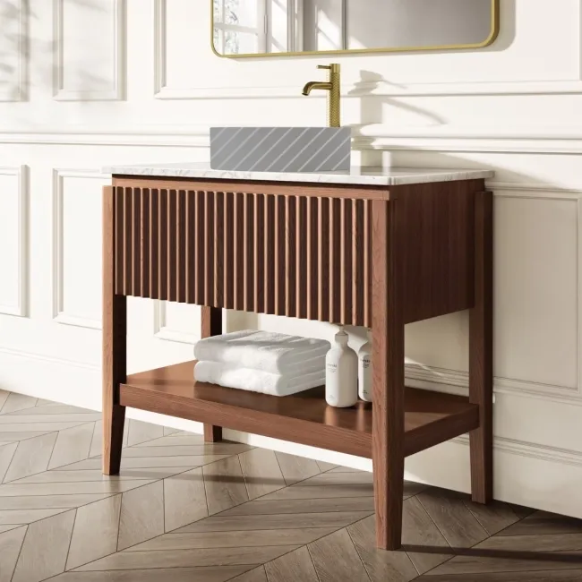 Maru Walnut Wood Grain Vanity Cabinet 1000mm with Carrara Marble Top - Basin Not Included
