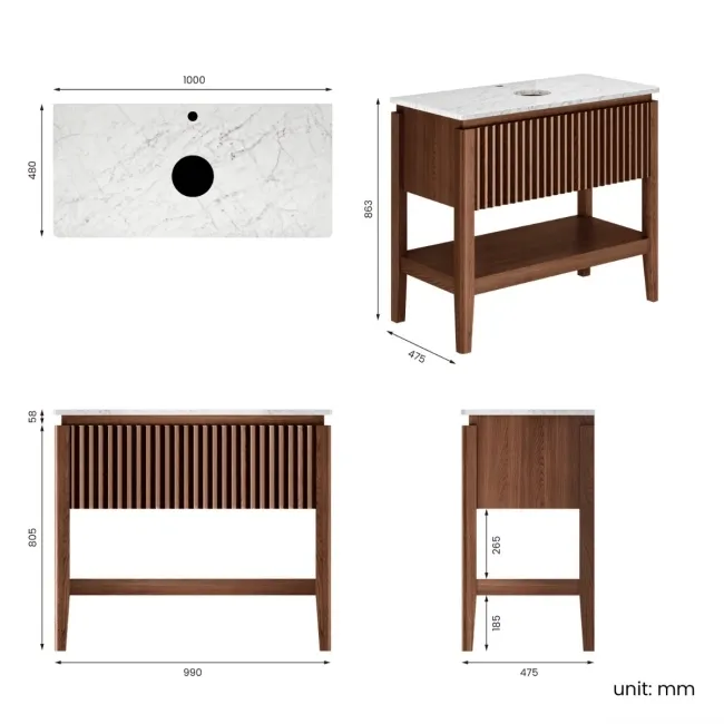 Maru Walnut Wood Grain Vanity Cabinet 1000mm with Carrara Marble Top - Basin Not Included