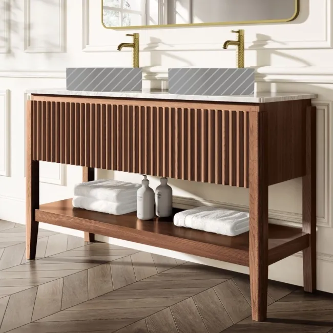 Maru Walnut Wood Grain Vanity Cabinet 1400mm with Carrara Marble Top - Basin Not Included