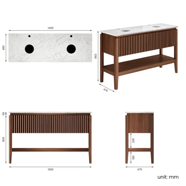 Maru Walnut Wood Grain Vanity Cabinet 1400mm with Carrara Marble Top - Basin Not Included