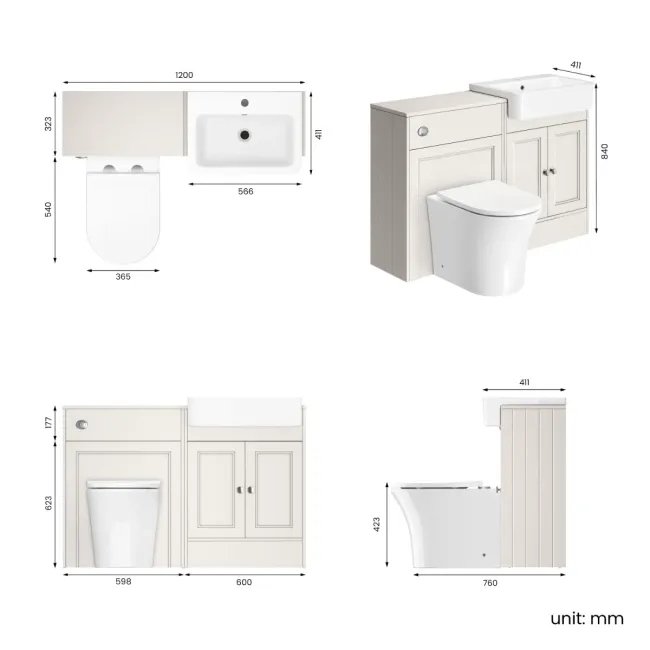 Monaco Cotton White Combination Vanity Basin and Tucson Toilet 1200mm