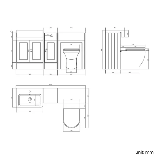 Monaco Cotton White Combination Vanity Basin and Kansas Toilet with Wooden Seat 1500mm